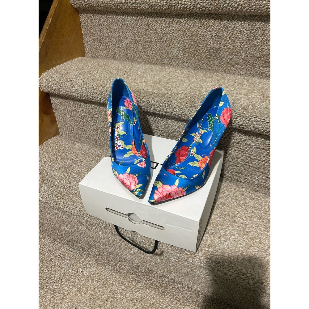 ALDO FLORAL BLUE SATIN CLASSIC PUMPS STILETTO HEELS